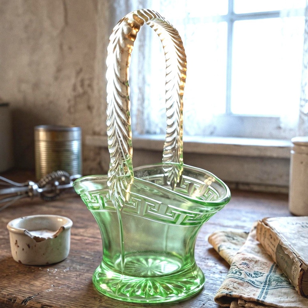 Vintage Green Glass Basket Greek Key Applied Reeded Handle Candy Dish 6.5" AS IS